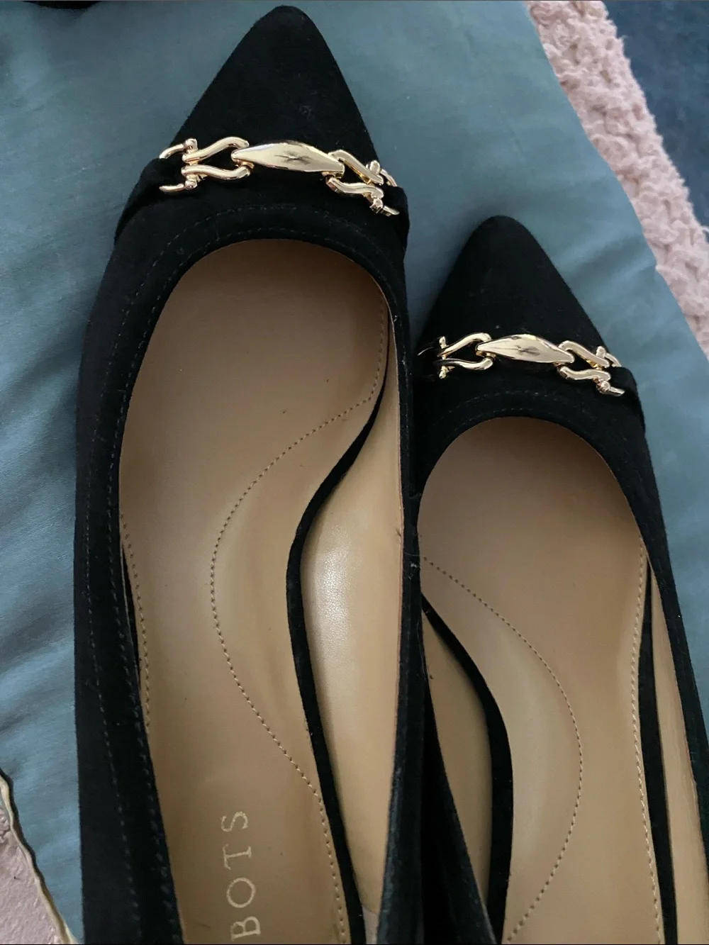 Talbots Black Pointed-Toe Flats with Gold Chain Detail
